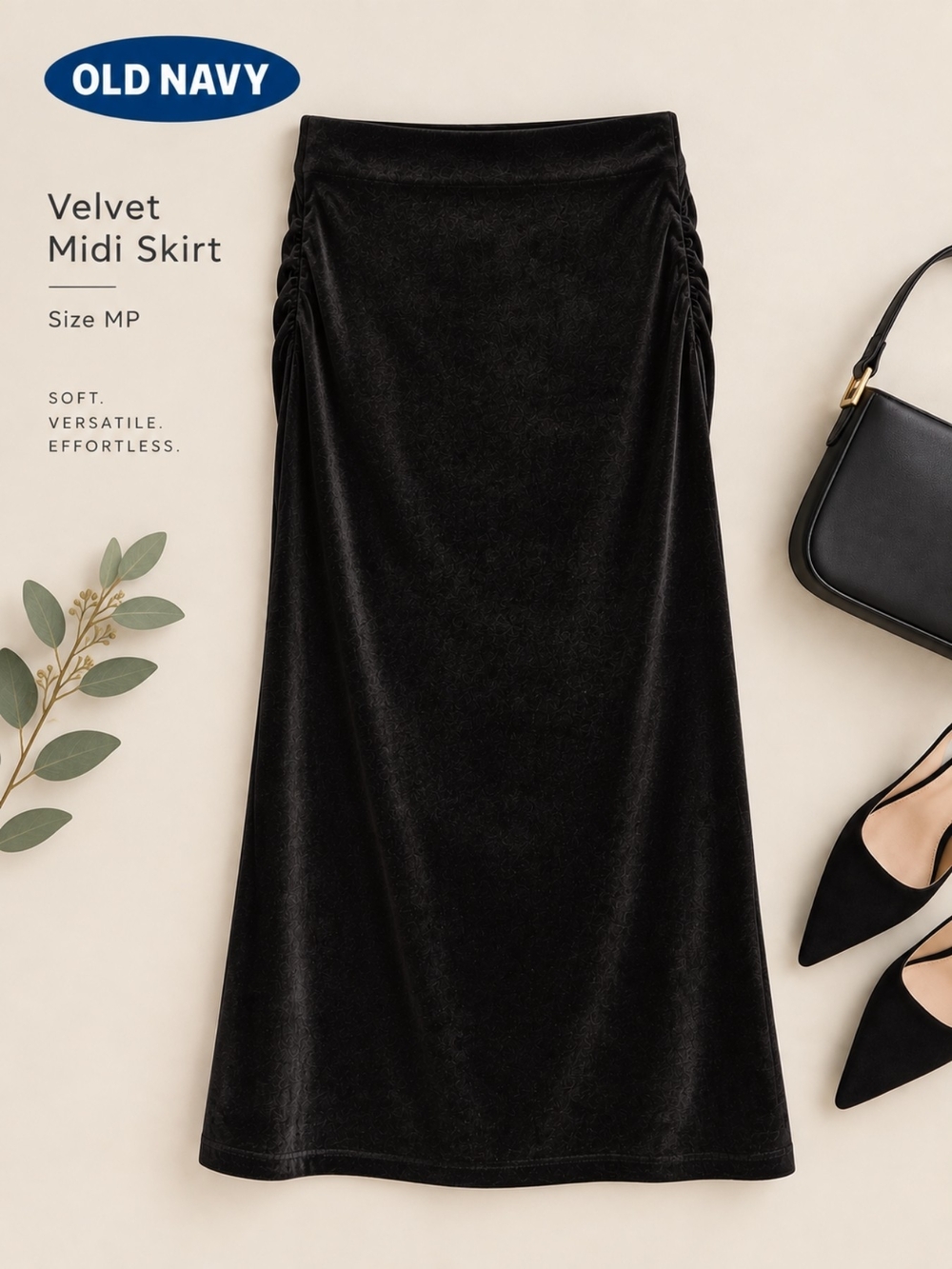 EUC Old Navy Black High Waisted Velvet Midi Skirt With Side Ruching & Slit, MP
